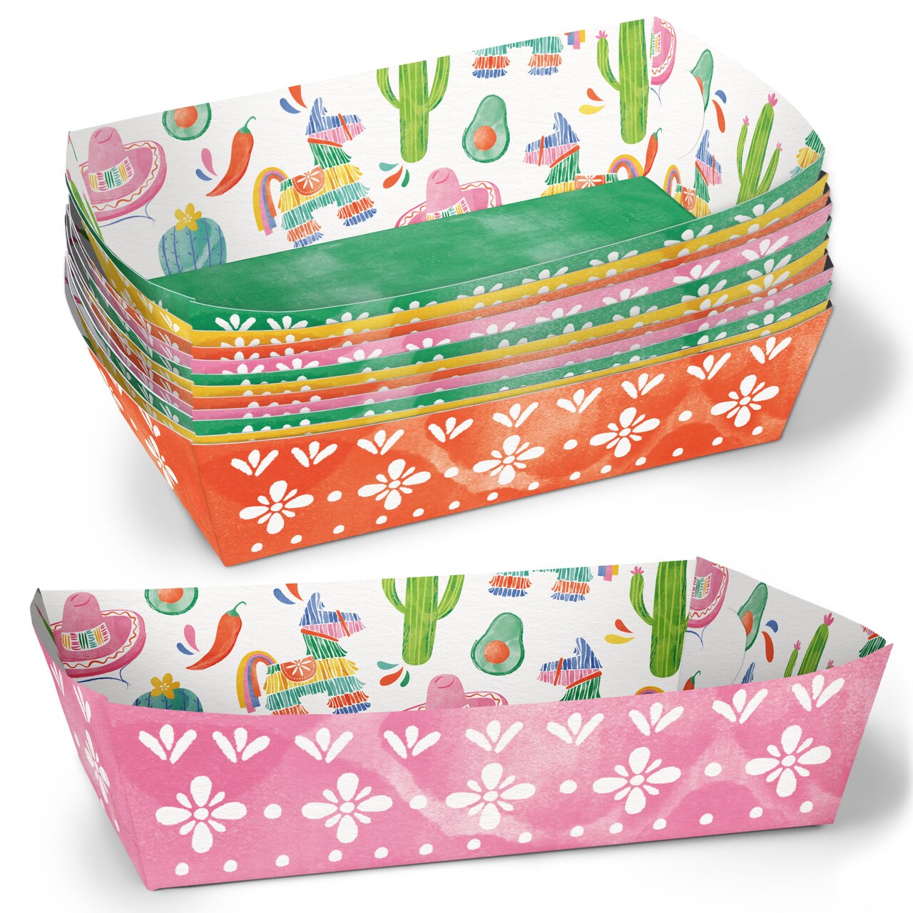 Big Dot of Happiness Fiesta Paper Food Trays, Disposable Food Boats for Mexican Themed Birthday or Cinco De Mayo, Double-Sided Meal Holders - 12 Count
